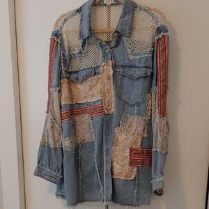 POL Light Blue Denim Patchwork Jacket with Cream Lace & Red Trim